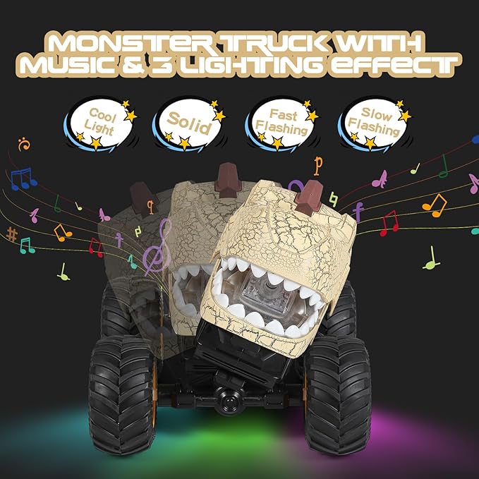 DYODYORC Remote Control Car, 2.4Ghz All Terrain Dinosaur Monster Truck Toys, RC Truck with Spay, Music, 3 Lighting Effects, Stunt Capable, Toy Gifts for Boys and Girls (Yellow)