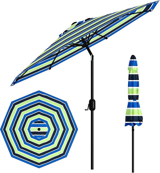 9FT Patio Umbrella Outdoor, Market Umbrella, Table Umbrella with Push Button Tilt and Crank, 8 Sturdy Ribs UV Protection Waterproof for Garden, Pool, Deck, Backyard (Yellow-Blue-Purple Striped)
