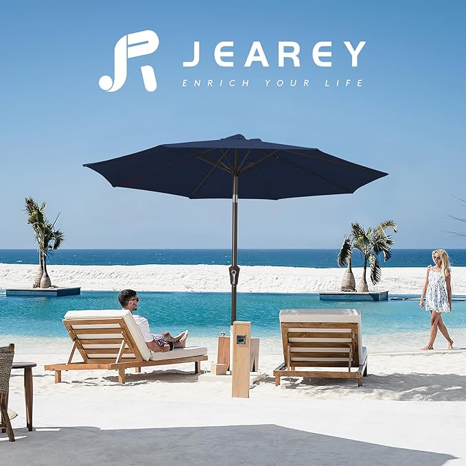 JEAREY 9FT Outdoor Patio Umbrella Outdoor Table Umbrella with Push Button Tilt and Crank, Market Umbrella 8 Sturdy Ribs UV Protection Waterproof for Garden, Deck, Backyard, Pool (Deep Blue)