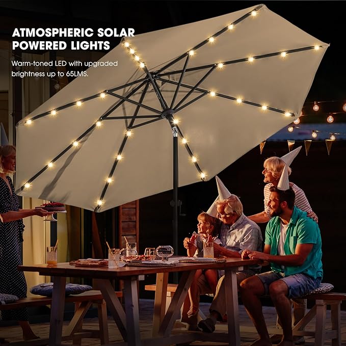 wikiwiki 11ft Solar Led Patio Umbrella, Sturdy Outdoor Market Umbrella for Deck, Pool, Garden w/Tilt, Crank, 32 LED Lights, Tan
