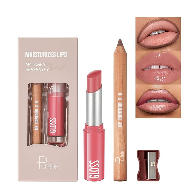 2Pcs Lipstick and Lip Liner Combo, Lip Liner and Lip Gloss Kit for Women, Matte Lip Pencil and Smooth Hydrating Lipstick with Sharpener, Non-Stick Lip Makeup Set