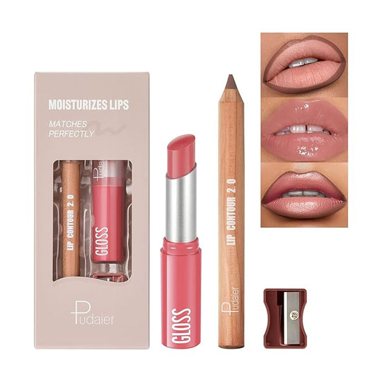 2Pcs Lipstick and Lip Liner Combo, Lip Liner and Lip Gloss Kit for Women, Matte Lip Pencil and Smooth Hydrating Lipstick with Sharpener, Non-Stick Lip Makeup Set