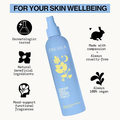 Pacifica Dream Milk Magnesium Spray for Sleep & Relaxation - Natural Magnesium Body Mist Infused with Lavender, Chamomile & Essential Oils, Vegan & Cruelty-Free, Clean Beauty, 4 fl oz