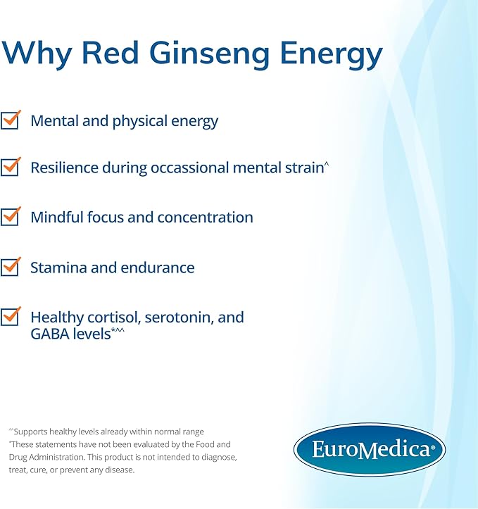 Euromedica Red Ginseng Energy - Supplement to Support Healthy Energy & Focus - Herbal Supplement with Korean Red Ginseng Root Powder - Vegan Tablets to Aid Healthy Endurance - 30 Chewable Tablets
