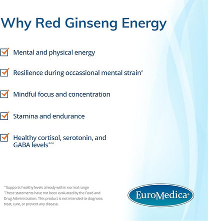 Euromedica Red Ginseng Energy - Supplement to Support Healthy Energy & Focus - Herbal Supplement with Korean Red Ginseng Root Powder - Vegan Tablets to Aid Healthy Endurance - 30 Chewable Tablets