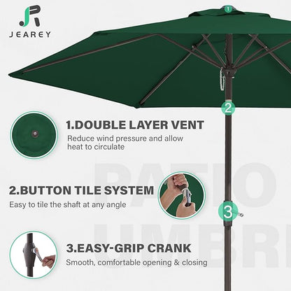 JEAREY 7.5FT Patio Umbrella Market Table Umbrella with 6 Sturdy Ribs, Push Button Tilt/Crank Outdoor Umbrella for Garden, Deck, Backyard, Pool and Beach,Dark Green