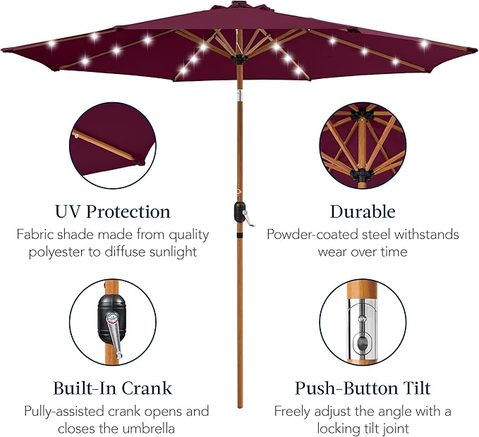 Best Choice Products 10ft Solar Market Patio Umbrella w/Woodgrain Pattern Pole, LED Lights, Tilt & Crank – Outdoor Sun Shade for Backyard Table, Deck, Poolside – Burgundy