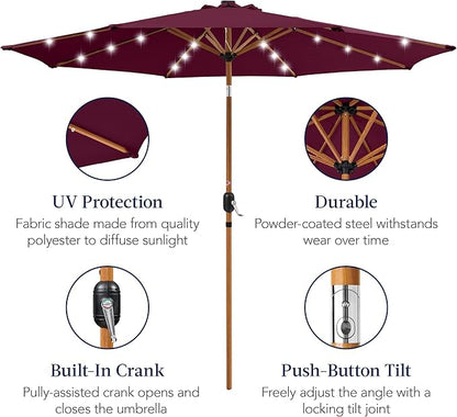 Best Choice Products 10ft Solar Market Patio Umbrella w/Woodgrain Pattern Pole, LED Lights, Tilt & Crank – Outdoor Sun Shade for Backyard Table, Deck, Poolside – Burgundy
