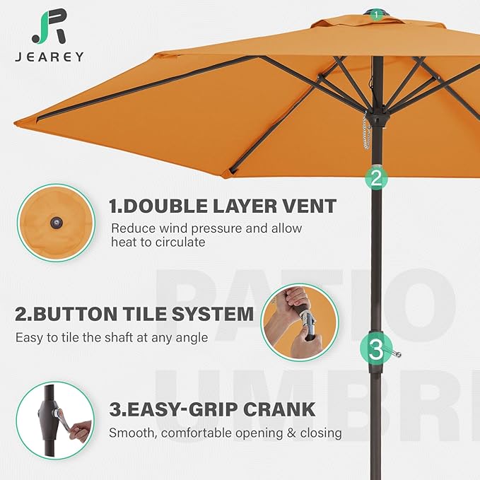 JEAREY 7.5FT Patio Umbrella Market Table Umbrella with 6 Sturdy Ribs, Push Button Tilt/Crank Outdoor Umbrella for Garden, Deck, Backyard, Pool and Beach,Tropical Orange