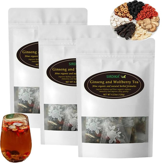 Ginseng And Wolfberry Tea,Ginseng Nine Treasure Teas,Red Date Wolfberry Mulberry Organic Kidney Cleanse Chinese Herbal Red Tea For Men Women (3Bag)