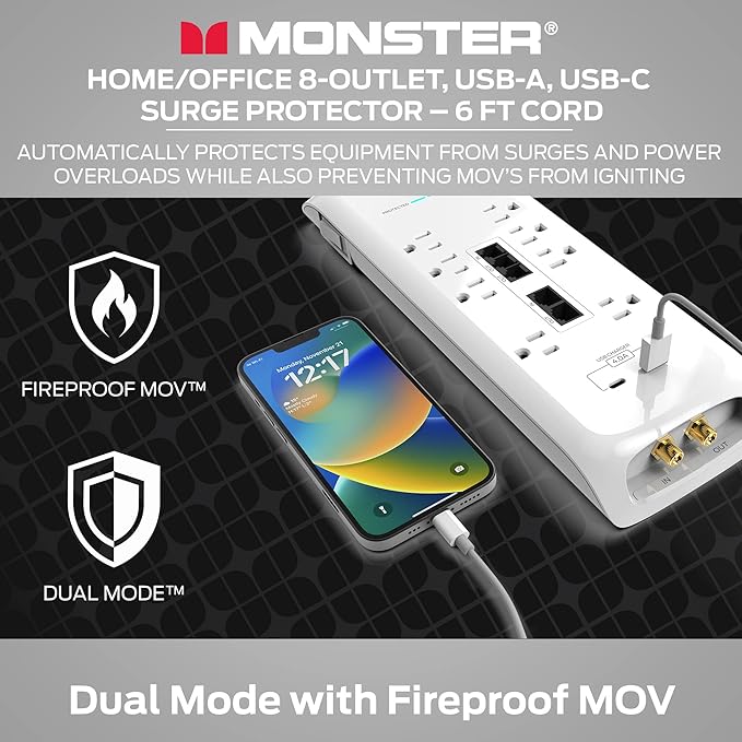Monster White Heavy Duty Surge Protector Power Strip 6 ft Cord with 8 120V-Outlet Extension, 2 Ethernet Switch Ports, 4050J Rating, 1 USB-A, and 1 USB-C Charging Ports – Ideal for Computers & Offices