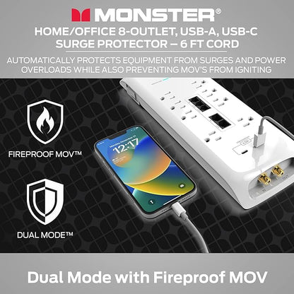 Monster White Heavy Duty Surge Protector Power Strip 6 ft Cord with 8 120V-Outlet Extension, 2 Ethernet Switch Ports, 4050J Rating, 1 USB-A, and 1 USB-C Charging Ports – Ideal for Computers & Offices