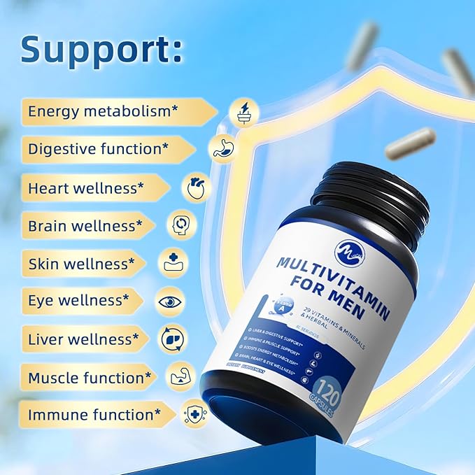 Multivitamin for Men - Daily Mens Multivitamins with Vitamin D, Zinc, Methylcobalamin B12, Folic Acid, Lycopene and Prebiotics for Men's Wellness, Immune Support, Energy and Vitality, 120 Capsules