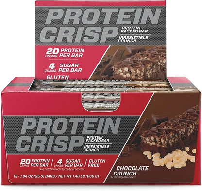 BSN Protein Crisp Bar, Protein Snack Bars, Crunch Bars with Whey Protein and Fiber, Gluten Free, Chocolate Crunch, 12 Count (Packaging May Vary)