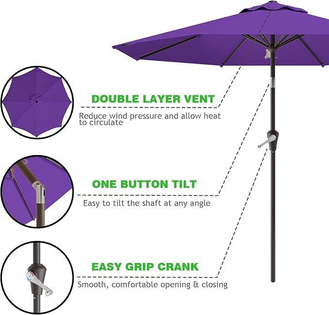 9 FT Patio Umbrella for Outdoor, Outdoor Umbrella with Push Button Tilt and Crank, Outdoor Patio Umbrellas with 8 Sturdy Ribs for Market, Garden, Deck, Backyard, Pool (Dark Purple)