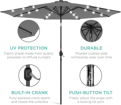 Best Choice Products 10ft Solar Polyester LED Lighted Patio Umbrella w/Tilt Adjustment and UV-Resistant Fabric - Gray