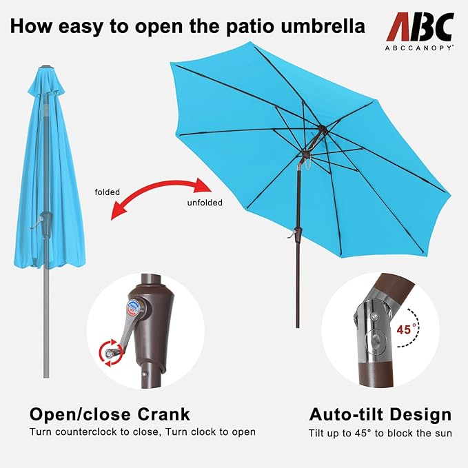 ABCCANOPY 11FT Patio Umbrella, Waterproof Table Umbrella with Push Button Tilt and Crank, 8 Ribs UV Protection Pool Umbrella for Garden, Lawn, Deck & Backyard (Turquoise)