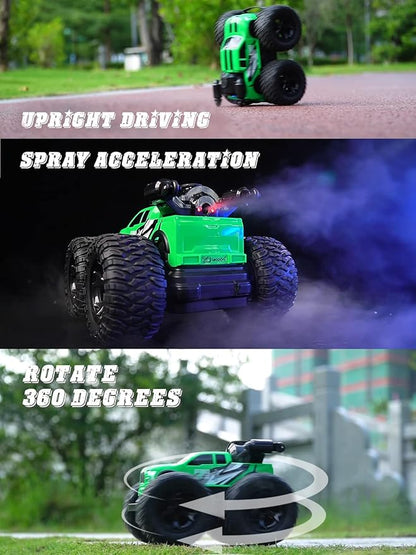 RC Stunt Car, RC Monster Trucks 4x4 Offroad, 4WD 360° Flips Rotating Toys for Boys and Girls, Toddler Remote Control Car with Spray Function, Ideal Birthday for Kids (Green)