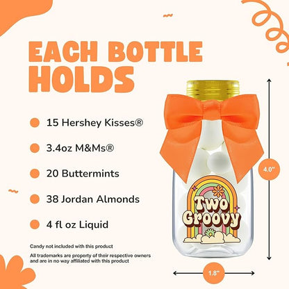 Small 12 Pack Two Groovy Party Favors - DIY Candy Jars with Ribbons and Stickers - Funky Party Decoration Bottles for 2nd Birthday Bash for Baby Boy or Girl - Retro Hippie Table Centerpieces