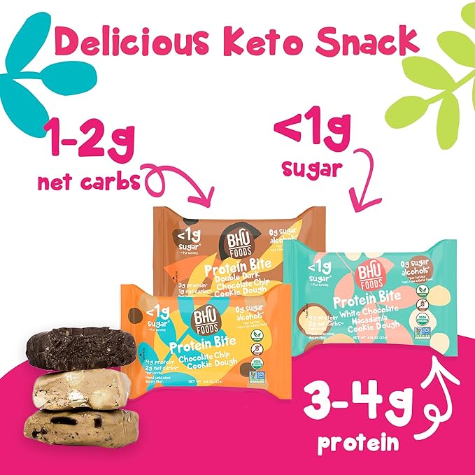 Bhu Foods Keto Bites, Best Sellers Variety Pack, Chocolate Chip, Dark Chocolate, Macadamia Cookie Dough, Organic Snacks for Adults, Individually Wrapped (3 Pack)