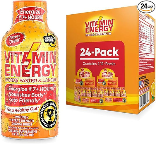 Vitamin Energy Immune+ Extra Strength Energy Shot – Orange Burst – 100% DV B-Vitamins & 260mg Caffeine – Zero Calories, Sugar-Free, Vegan, – Immunity & Energy Support – 1.93 fl oz, 24-Pack