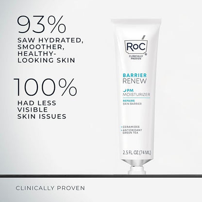 RoC Barrier Renew Night Moisturizer with Ceramides & Antioxidant Green Tea and Lipo Peptides to Renew Skin Barrier, (2.5 oz) with Retinol Eye Cream Packette