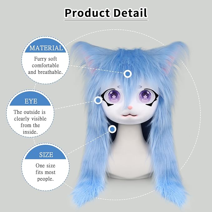 JUNBOON Furry Animal Headgear Beast Full Head Mask Headwear Doll Cosplay Costume Halloween Fursuit
