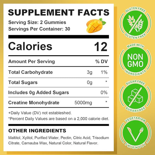 Creatine Monohydrate Gummies for Men & Women, Chewables Creatine Monohydrate for Muscle Strength, Muscle Builder, Energy Boost, Sugar Free, Vegan, Mango Flavor-60 Count