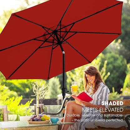 wikiwiki 9 FT Patio Umbrellas Outdoor Table Market Umbrella with Push Button Tilt/Crank, 8 Sturdy Ribs, Fade Resistant Waterproof POLYESTER DTY Canopy for Garden, Lawn, Deck, Backyard & Pool, Red