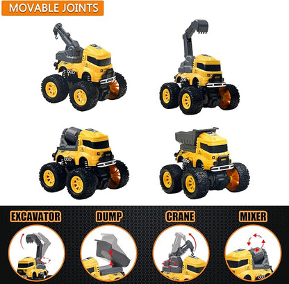 Construction Truck Toys - 4 Pack Excavator, Mixer, Crane, Dump Trucks Push and Go Friction Powered Cars Monster Stunt Vehicles Playset Kids Birthday Party Favors Gifts for 3+ Year Old Boys Girls