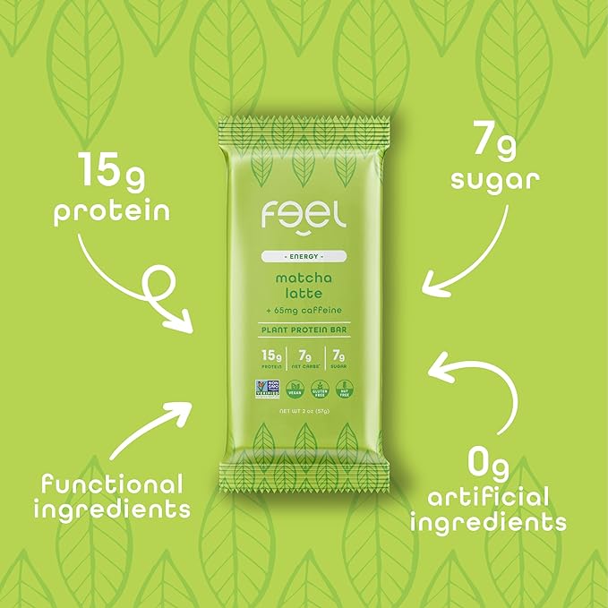 Feel Vegan Protein Bars | Matcha Latte | Keto | Gluten Free | Organic | 15g Plant Protein | Low Carb | High Protein | Dairy Free | Low Sugar | Grain Free | Nut Free | Soy Free | Non GMO - (Matcha Latte, 10 Pack)