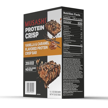 MUSASHI Protein Crisp Bar, 20g Protein, 4g Total Sugars, Vanilla & Caramel, Post Workout and Snack On The Go, 12 Pack of 2.1oz (60g) Bars