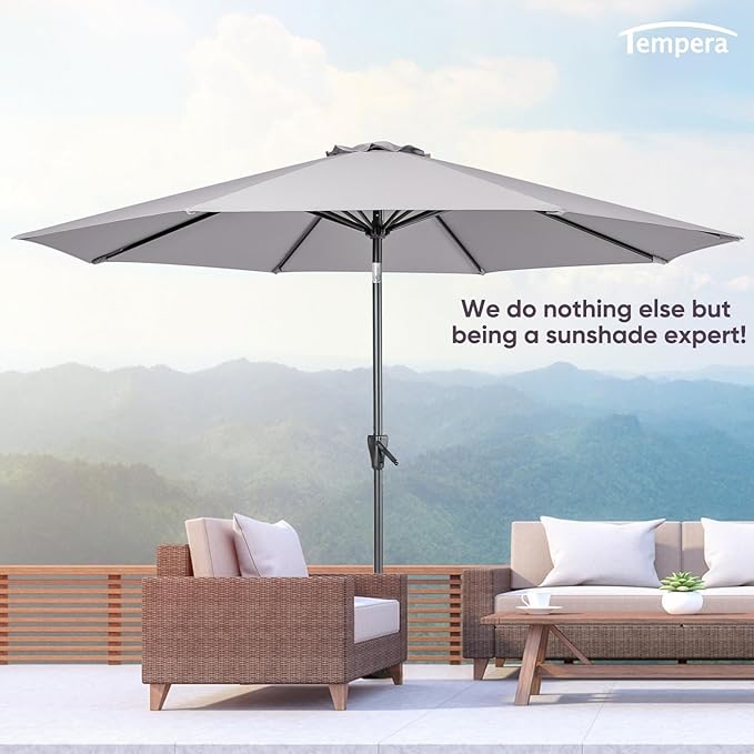 Tempera Patio Market Outdoor Table Umbrella with Push Button Tilt and Crank,Large Sun Umbrella with Sturdy Pole&Fade resistant canopy,Easy to set