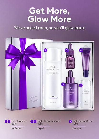 MISSHA Time Revolution Gift Set The First Essence 5X & Night Repair Ampoule 5X for Radiant, Youthful Skin, Korean Skin Care, Glass Skin