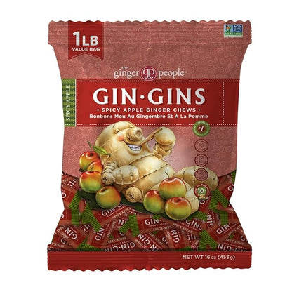 GIN GINS Spicy Apple Ginger Chews – Natural Fresh Ginger Candy by The Ginger People – Individually Wrapped Healthy Candy – Spicy Apple Ginger Flavor – Large 1 lb Bag (16oz) – Pack of 2