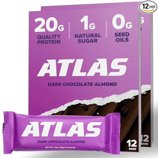Atlas Protein Bar, 20g Protein, 1g Sugar, Clean Ingredients, Gluten Free (Dark Chocolate Almond, 12 Count (Pack of 2))