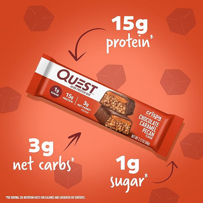 Quest Nutrition Crispy Chocolate Caramel Pecan Hero Protein Bar, 15g Protein, 1g Sugar, 3g Net Carbs, Gluten Free Protein Snack, Keto Friendly, 4 Count