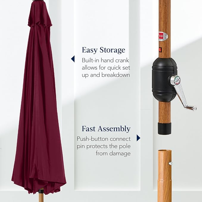 Best Choice Products 10ft Solar Market Patio Umbrella w/Woodgrain Pattern Pole, LED Lights, Tilt & Crank – Outdoor Sun Shade for Backyard Table, Deck, Poolside – Burgundy