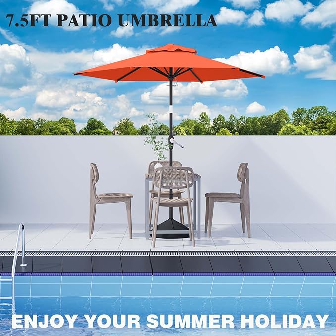 7.5FT Patio Umbrella Table Market Umbrella w/Tilt and Crank Heavy-Duty Round Outdoor Umbrellas for Garden, Deck, Backyard, Pool and Beach, Orange