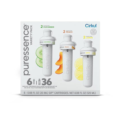 Cirkul Puressence Flavor Cartridge Variety Pack, Unsweetened, 6-Pack (2 Cucumber, 2 Peach, 2 Lemon)