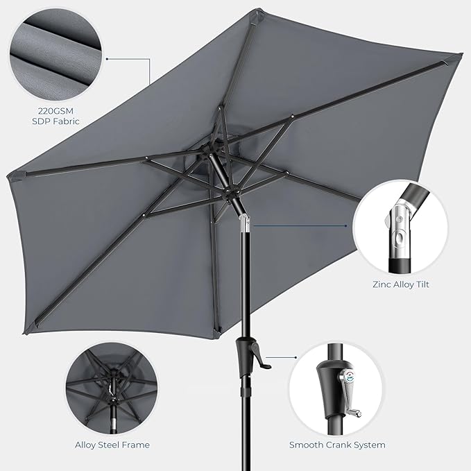 9ft Outdoor Patio Umbrella - UPF50+ UV Protection Market Patio Table Umbrella with Push Button Tilt, Crank and 8 Sturdy Ribs for Pool Deck and Garden (Grey, No base)