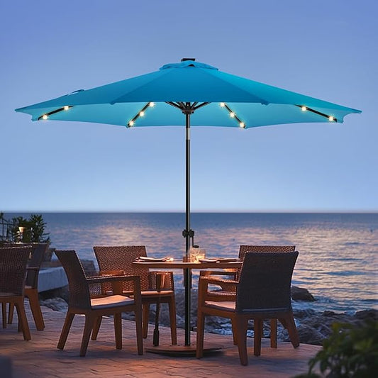 wikiwiki 9ft Solar Led Patio Umbrella, Sturdy Outdoor Market Umbrella for Deck, Pool, Garden w/Tilt, Crank, 32 LED Lights, Royal Blue