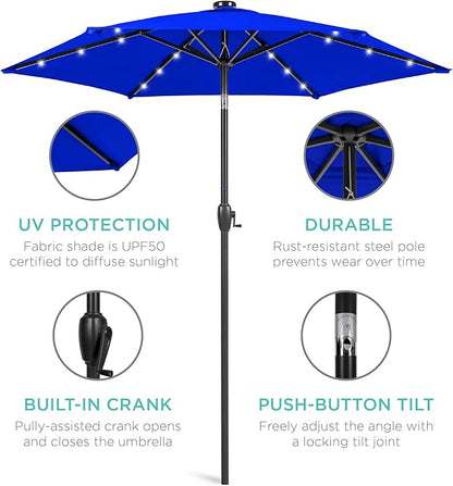 Best Choice Products 7.5ft Outdoor Solar Market Table Patio Umbrella for Deck, Pool w/Tilt, Crank, LED Lights - Resort Blue