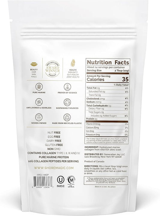 Premium Marine Collagen Powder with Type I II III and IV, Hydrolyzed Peptides for Women and Men, Sourced from Wild Fish, Certified Kosher, Unflavored, Sustainable 4.93 Oz Pouch