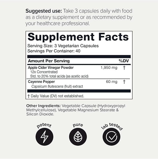 Toniiq 20% Acetic Acid Ultra High Strength Non-GMO Apple Cider Vinegar Capsules with Mother - 2,010mg Formula Pills with Cayenne Pepper -12x Potent - 120 Capsules