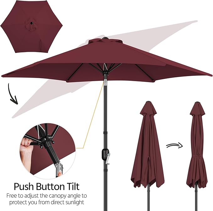 Yaheetech Patio Umbrella, 9FT Outdoor Table Market Umbrella with Push Button Tilt and Crank, Yard Sun Shade with Sturdy Ribs for Garden, Deck, Backyard, Pool, Burgungy