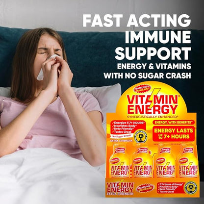 Vitamin Energy Immune+ Extra Strength Daily Energy Shot – Orange Burst – 260mg Natural Caffeine, B-Vitamins, Green Tea, Citicoline – Immune & Focus Support – Zero Sugar, Vegan – 1.93 fl oz, 12-Pack