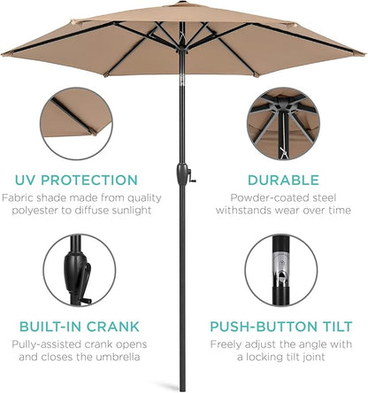 Best Choice Products 7.5ft Heavy-Duty Round Outdoor Market Table Patio Umbrella w/Steel Pole, Push Button Tilt, Easy Crank Lift - Tan