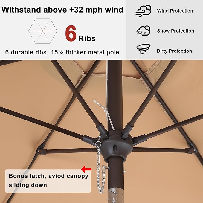 ABCCANOPY Patio Umbrella 7.5ft, Outdoor Table Umbrella with Push Button Tilt and Crank, 6 Ribs Umbrella for Patio Pool Garden Deck (Khaki)