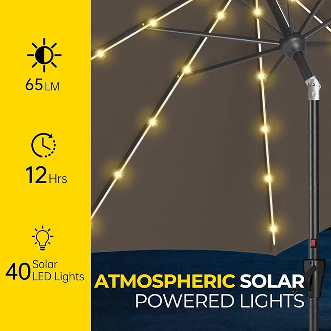 Tempera Solar Patio Umbrella 40 LED Lighted Outdoor Umbrella Table Market Umbrella with Push Button Tilt and Crank, Solar Umbrella with Sturdy Pole&Fade Resistant Canopy, Easy to Set